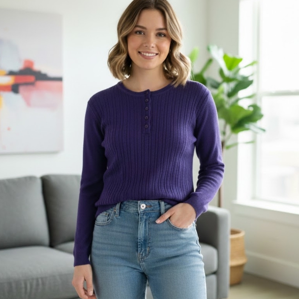 Vintage H●E●R Petite Deep Purple Ribbed Henley Top – Size XL